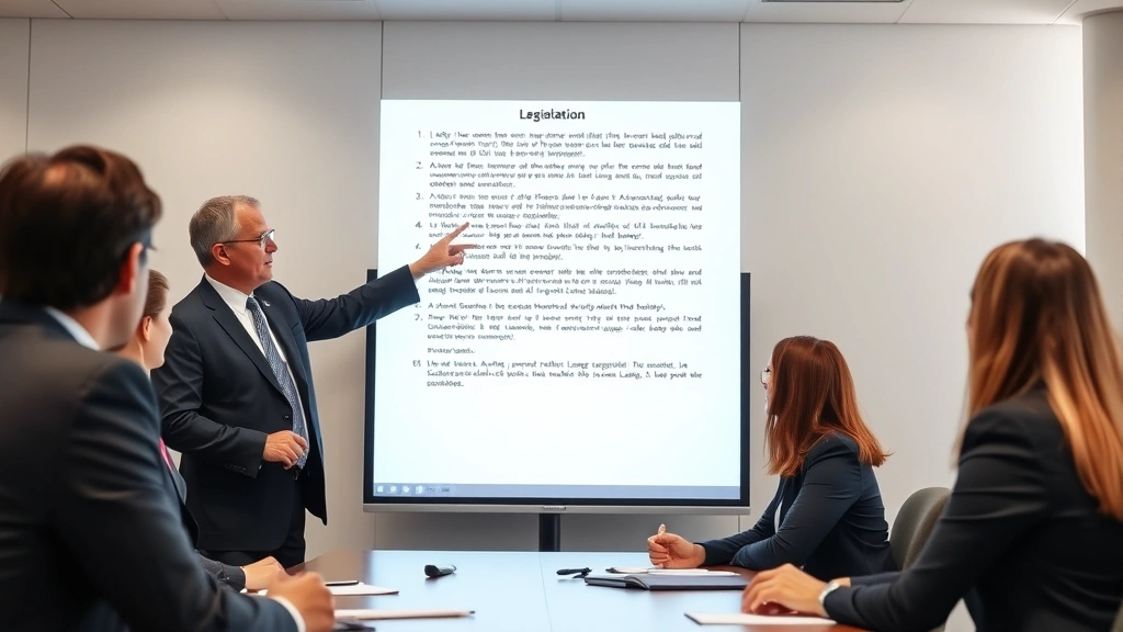 Legal professional presenting to colleagues in conference room, pointing at large screen displaying legislative text, professional business attire, collaborative discussion environment