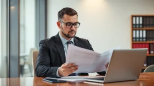 Professional male attorney in dark suit reviewing legal documents at modern office desk with laptop, wearing glasses, serious focused expression, natural office lighting