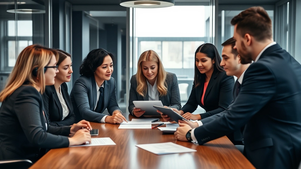 Diverse team of legal professionals in business attire having collaborative meeting around conference table with documents and digital tablets, professional office environment