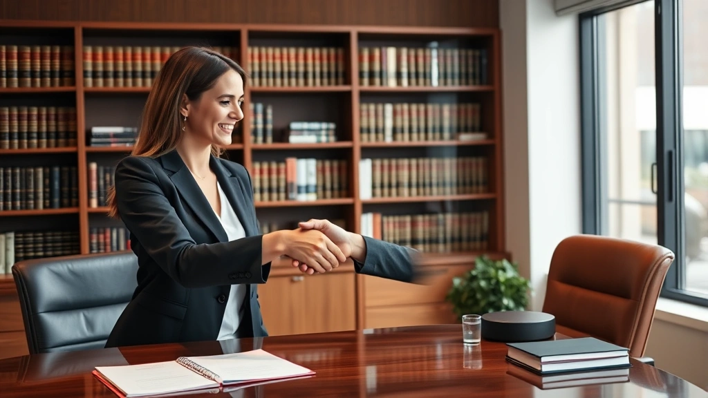 Female employment law attorney in professional blazer shaking hands with relieved client across desk, modern law office with bookshelves, warm professional atmosphere