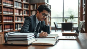 Professional law student studying at library desk with legal textbooks and laptop, modern law library setting with natural lighting, focused and determined expression