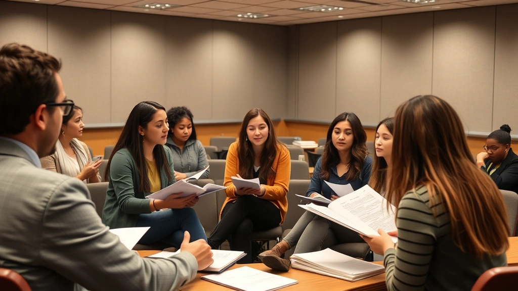 Group of diverse law students discussing case materials in classroom seminar setting, collaborative learning environment with professor leading discussion, engaged academic atmosphere
