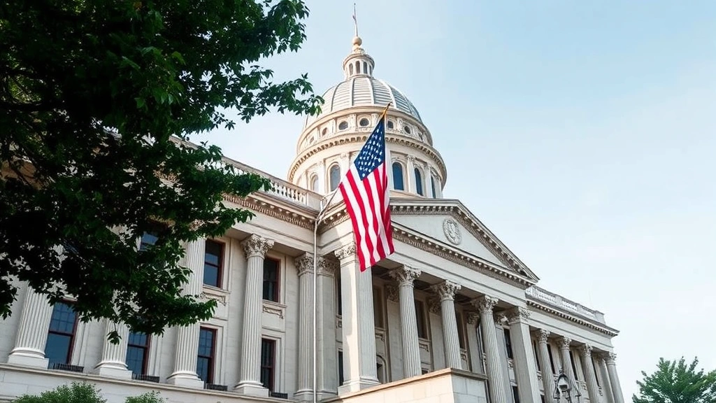 North Carolina state capitol building exterior with American flag, daytime photography, architectural focus, representing state government and legislative authority