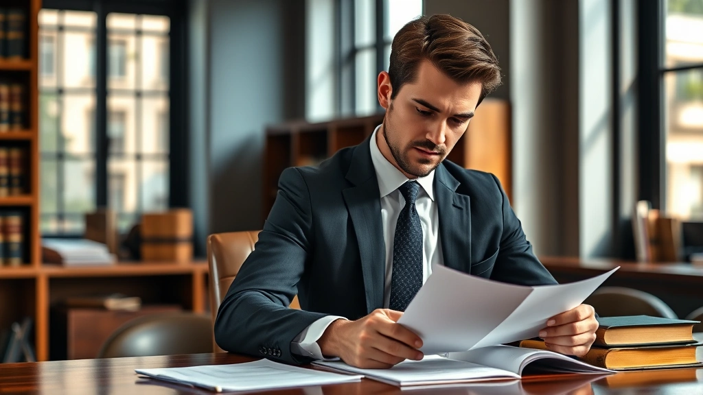 Professional young lawyer in business suit reviewing legal documents at wooden desk in modern law office, serious expression, natural lighting from windows, law books visible in background, photorealistic