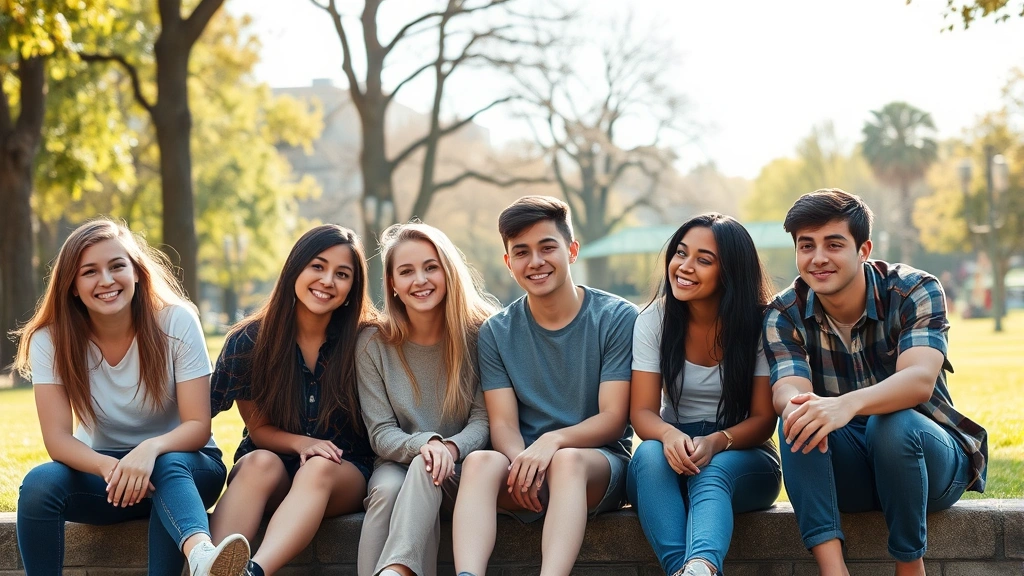 Diverse group of teenagers in casual clothing sitting together outdoors in park setting, genuine natural interaction, warm sunlight, no text visible, photorealistic professional stock photography style