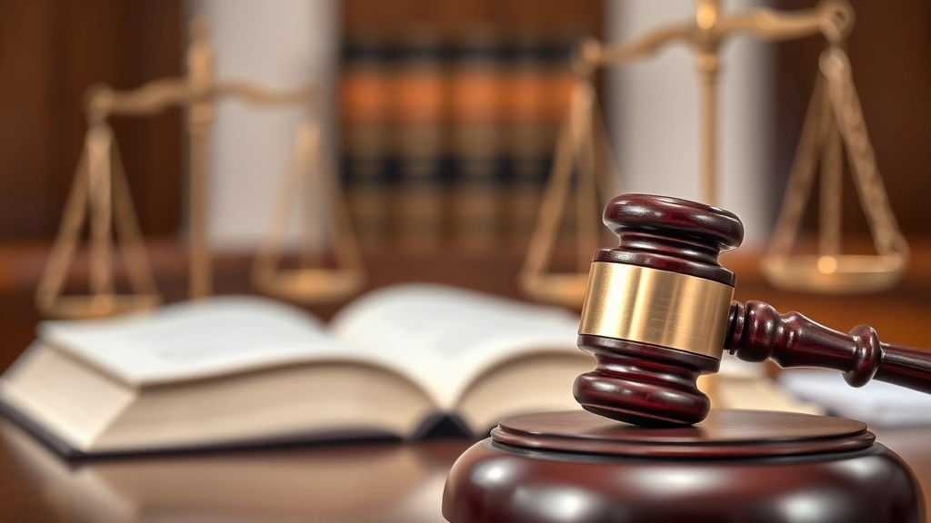 Close-up of gavel on judicial desk with law books and scales of justice blurred in background, professional courtroom setting, neutral lighting, photorealistic legal imagery