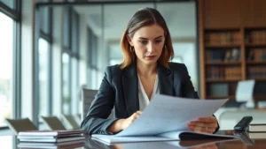 Professional female attorney in business suit reviewing legal documents at desk in modern law office, serious focused expression, natural lighting through windows, no visible text on papers