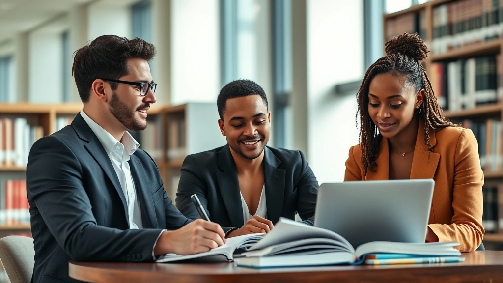 Professional diverse law students studying together in modern law library with natural lighting, focused expressions, legal textbooks and laptops visible on table