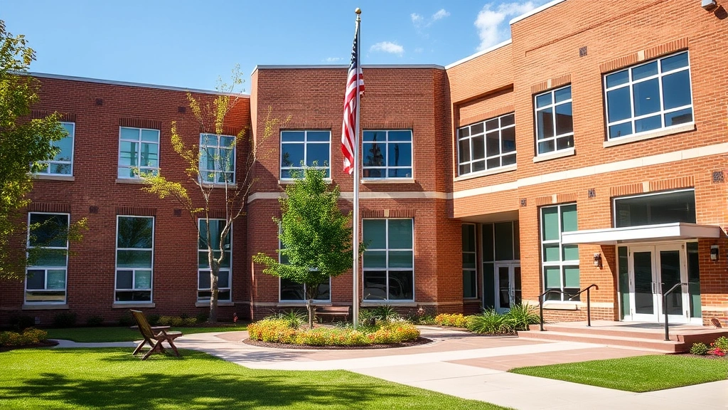 Law school campus building exterior, modern brick architecture, manicured courtyard, American flag, professional and welcoming appearance on sunny day