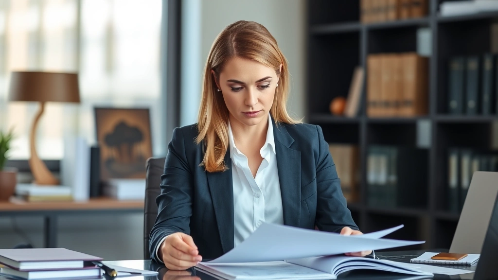 Female attorney in business suit reviewing documents at desk in professional law office, serious focused expression, contemporary office setting with legal materials