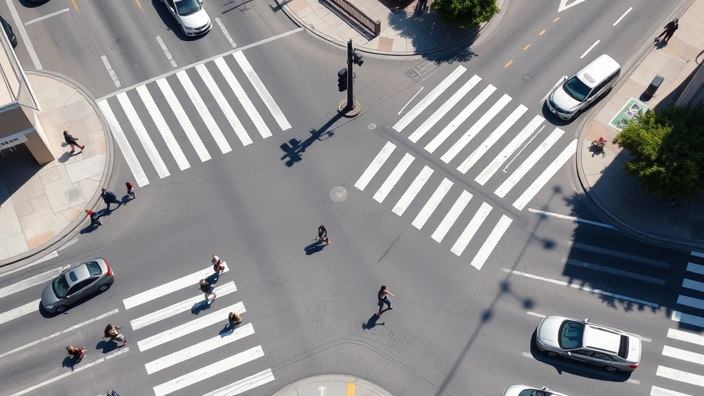 Overhead view of a busy urban intersection in San Diego showing pedestrians crossing at a marked crosswalk, vehicles stopped at traffic light, clear sightlines with no parked cars in corner zones, bright daylight