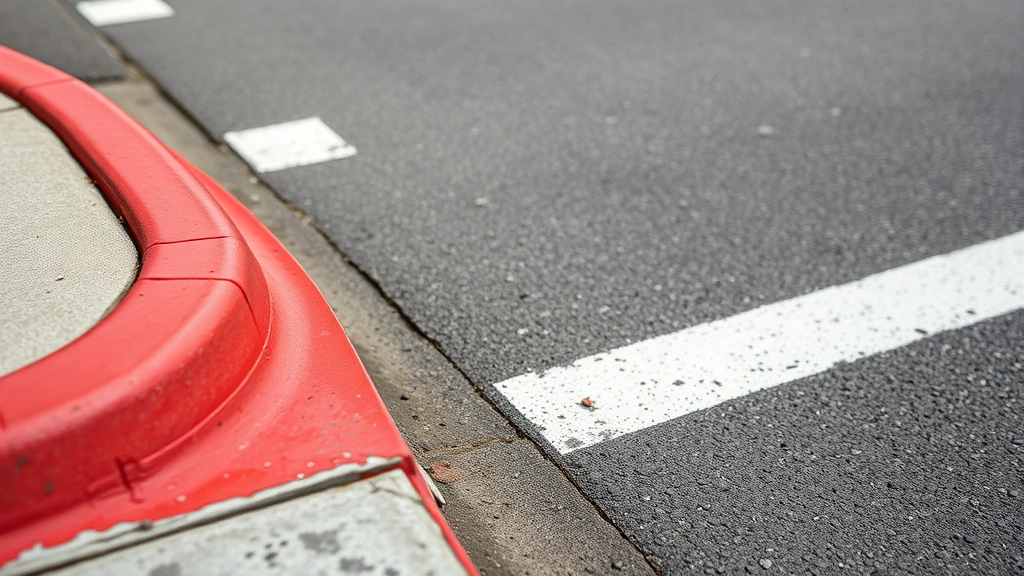 Close-up of a red painted curb edge at street corner with white dashed line markings, showing daylighting zone boundary, sharp focus on curb paint, professional documentation style