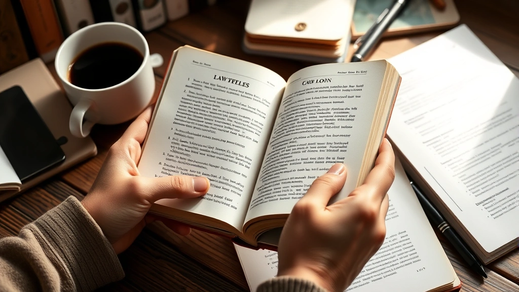 Close-up of hands holding open law books and notebooks with highlighted text, coffee cup nearby, organized workspace, warm natural lighting