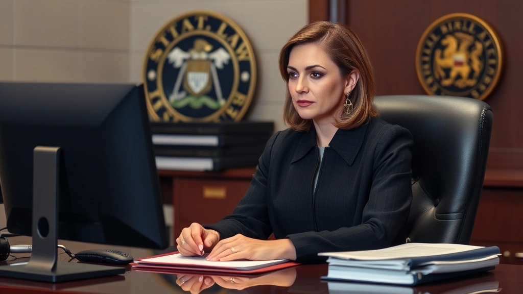 Female judge or legal professional in professional attire at desk with SC state seal visible, working with legal files and computer, authoritative professional setting