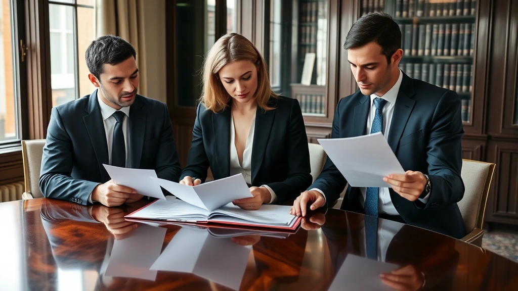 Professional male and female lawyers in formal business attire reviewing legal documents at an elegant mahogany conference table in a modern London law office, natural window light, serious focused expressions