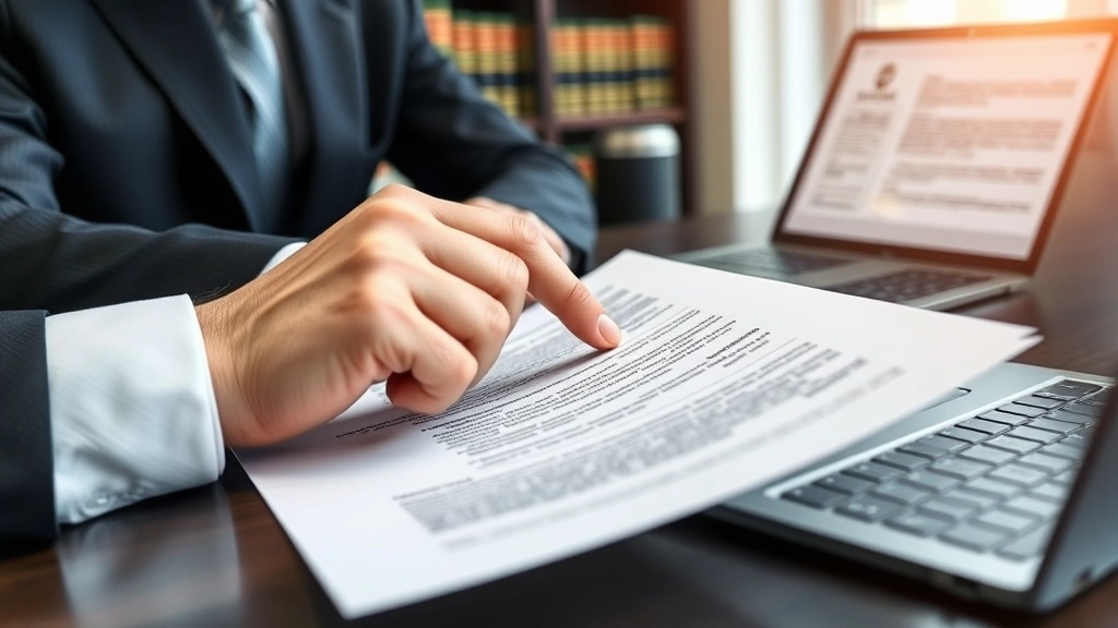 Close-up of lawyer's hands pointing at highlighted text in legal contract documents, professional office setting with law books on shelves, laptop visible, businesslike atmosphere