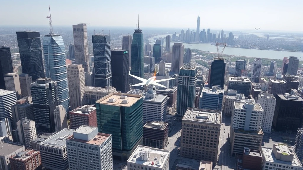 Aerial view of cityscape with modern buildings and infrastructure, representing urban law enforcement jurisdiction and airspace management, daytime clear sky, no text or signage visible