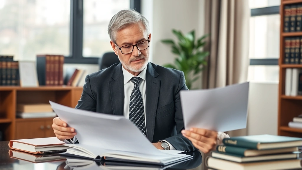 Senior estate planning attorney in professional office setting with law books and documents, examining a will with concentrated expression, natural lighting through office window, professional business attire
