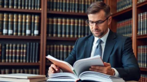 Professional attorney in business suit reviewing thick legal statute books and documents in modern law library with mahogany shelves and brass fixtures, studying with serious concentration