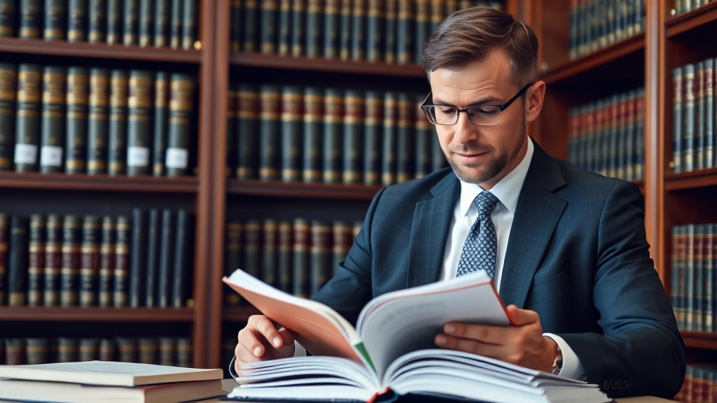 Professional attorney in business suit reviewing thick legal statute books and documents in modern law library with mahogany shelves and brass fixtures, studying with serious concentration