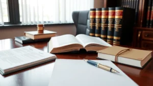 Professional bilingual legal document review workspace with Spanish and English law books, legal notepad, and pen on mahogany desk, natural office lighting