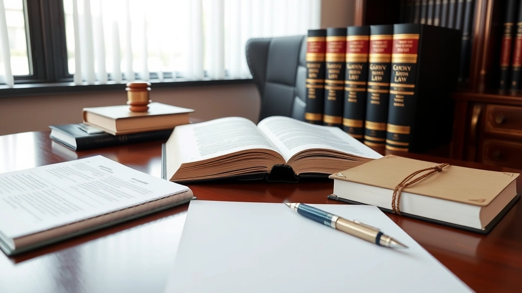 Professional bilingual legal document review workspace with Spanish and English law books, legal notepad, and pen on mahogany desk, natural office lighting