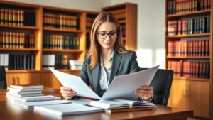 Professional female attorney in business attire reviewing documents at wooden desk in bright, modern law office with legal books visible on shelves behind her, warm natural lighting