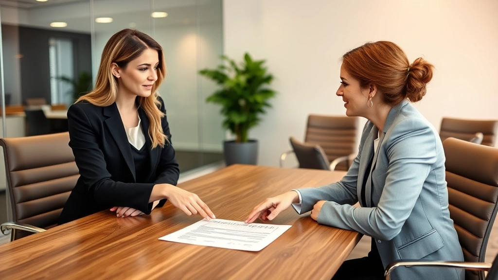 Two professional women in business suits having discussion in modern office conference room, one pointing at prenuptial agreement document on table, warm professional atmosphere with neutral decor