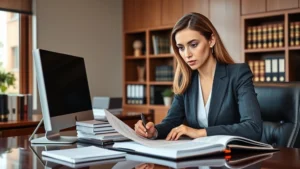 Professional woman attorney in business suit reviewing legal documents at mahogany desk with law books and computer, serious focused expression, modern law office background with natural lighting