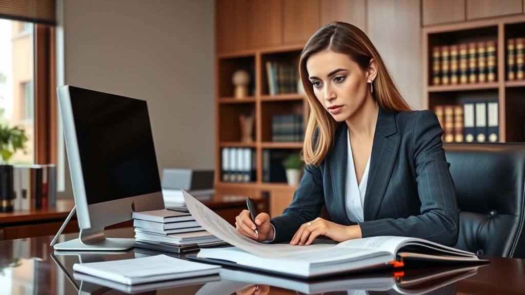 Professional woman attorney in business suit reviewing legal documents at mahogany desk with law books and computer, serious focused expression, modern law office background with natural lighting
