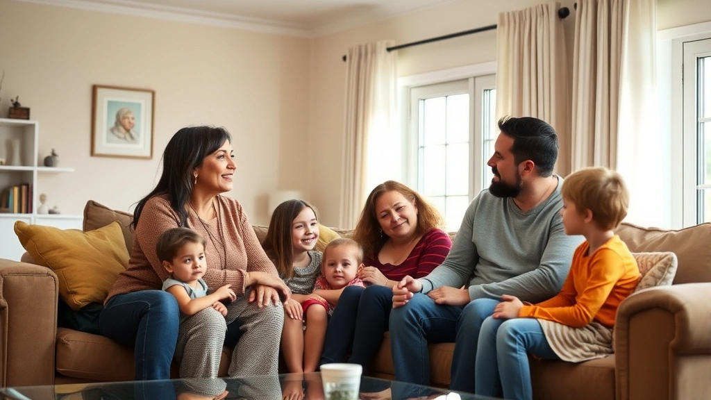 Diverse multigenerational family having serious discussion in living room, parents, adult children, and grandchildren in casual home setting, warm natural lighting, respectful interaction