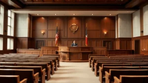 Professional courtroom interior with judge's bench and empty jury seating, neutral tones, natural lighting, emphasizing legal authority and justice system architecture
