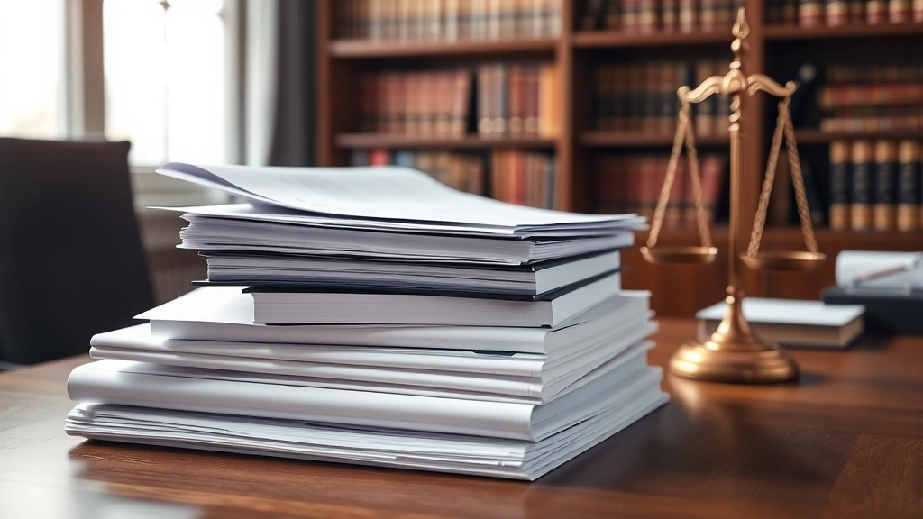 Legal documents and law books stacked on wooden desk with professional lighting, showing law library research materials, scales of justice visible in background, sophisticated office setting