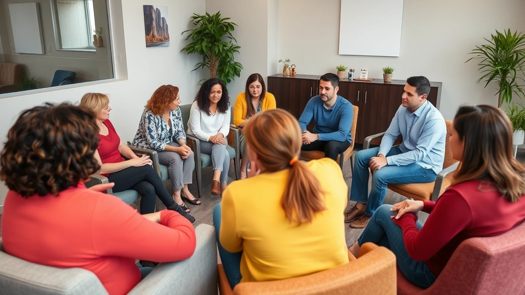 Crime victims support group meeting in professional counseling center, diverse individuals in supportive circle, compassionate environment, modern wellness facility with comfortable seating