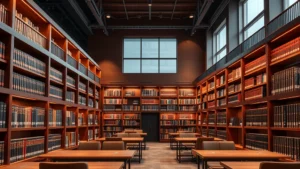 Professional law library interior with mahogany shelves, legal books, and warm lighting, empty study tables, modern architectural details, photorealistic daytime setting
