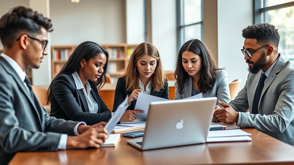 Diverse law students in professional business attire studying together at library table with laptops and legal documents, collaborative learning environment, natural window lighting, photorealistic
