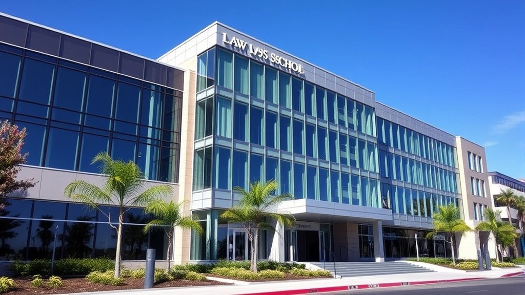 Law school building exterior in Los Angeles with modern architecture, glass and steel facade, professional landscaping, clear blue sky, daytime professional setting