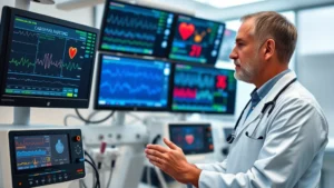 Professional cardiologist in white coat reviewing cardiac monitoring equipment in modern hospital setting with multiple digital displays showing heart rhythm data and vital signs in background