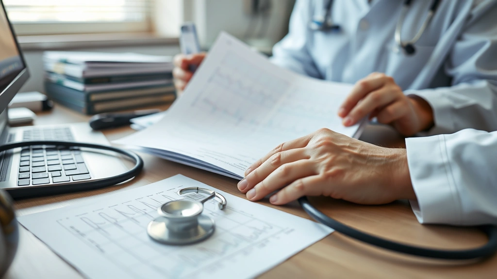 Close-up of physician's hands reviewing patient medical records and EKG printouts on desk with stethoscope and medical reference materials in clinical office environment