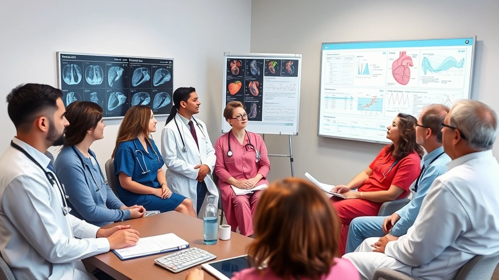Diverse team of healthcare professionals including cardiologist, nurses, and medical specialists in conference room discussing cardiac patient case with medical charts and imaging on display board