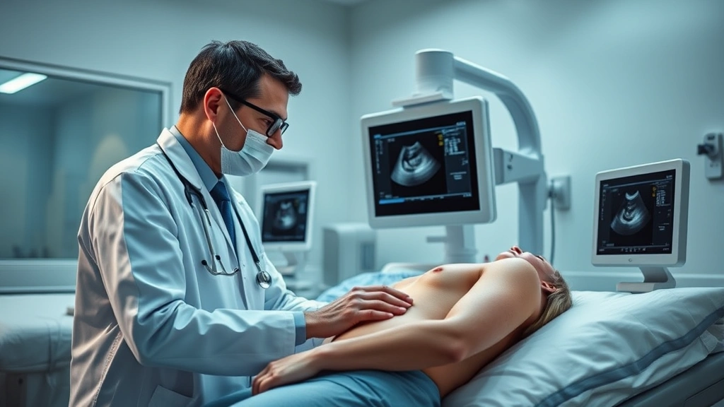 Clinical cardiologist performing echocardiogram on patient in modern hospital setting, showing ultrasound equipment and professional medical environment with warm lighting