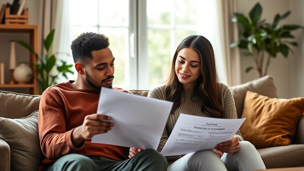 Diverse couple sitting together at home reviewing paperwork and legal documents, warm comfortable living room setting, focused expressions, natural daylight from window, symbolizing common law marriage documentation