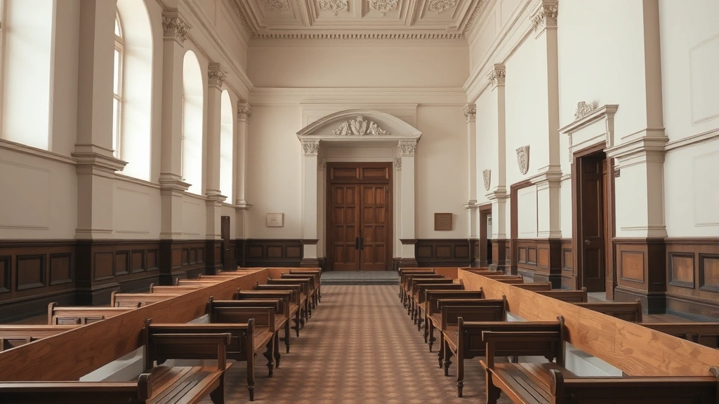 Courthouse interior hallway with classical architecture, empty wooden benches, formal legal setting representing family law proceedings, neutral tones, professional environment for divorce and marriage dissolution