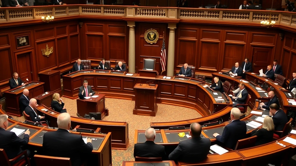 Formal legislative chamber during a bill debate with lawmakers at desks, speaking podium visible, professional attire, serious atmosphere, capturing the democratic process of lawmaking