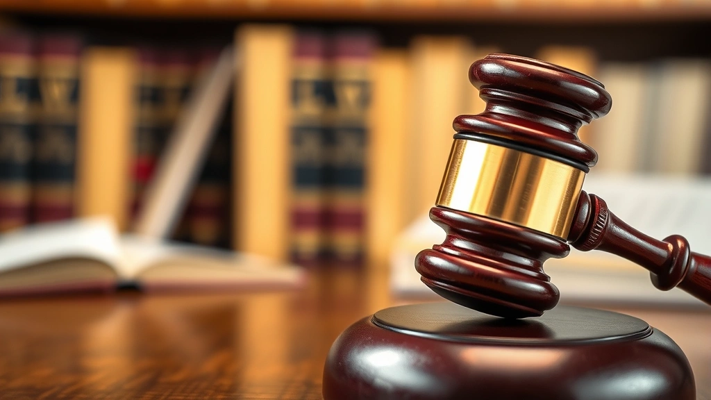 Close-up of a judge's gavel on an oak desk with law books blurred in background, professional legal office setting, neutral lighting, representing judicial interpretation of statutory law
