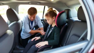 Professional photograph of certified child passenger safety technician inspecting proper car seat installation in vehicle, showing correct LATCH system attachment and harness positioning, clean automotive interior background, daytime natural lighting, focused on technician's hands and car seat details