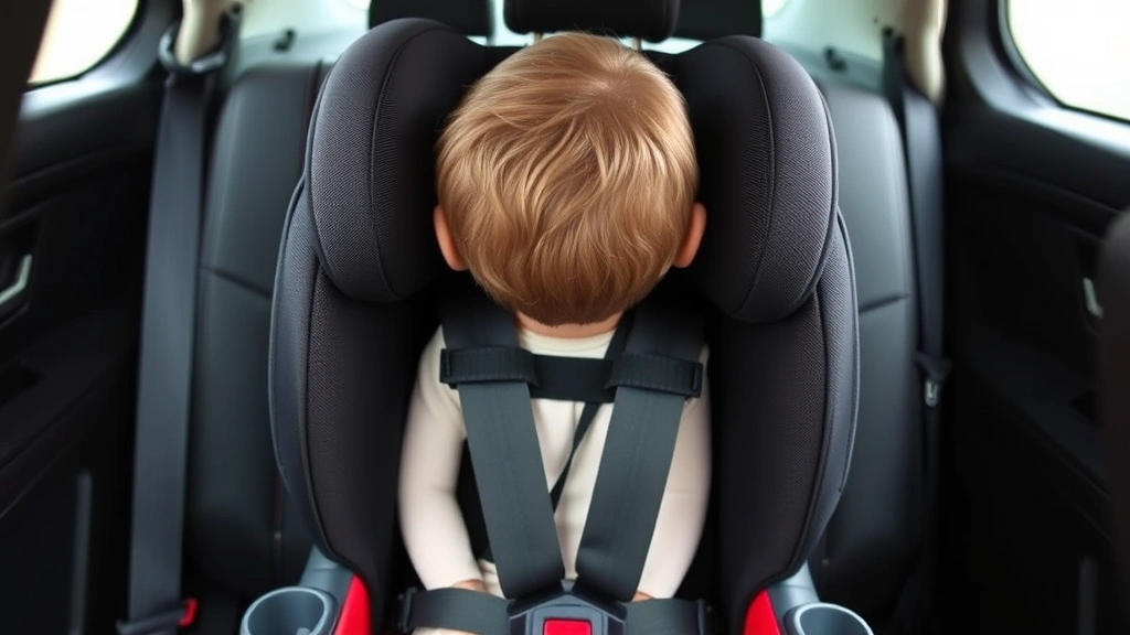 Close-up photograph of correctly installed forward-facing car seat with five-point harness system in vehicle rear seat, showing proper shoulder strap positioning and harness tightness, child-sized mannequin or demonstration dummy, neutral background, professional medical or safety documentation style