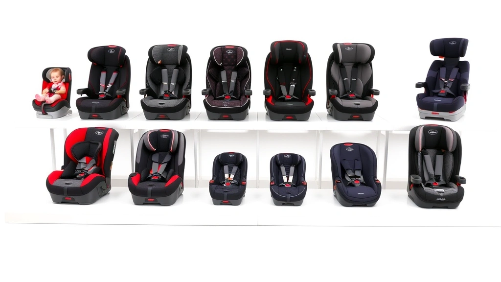 Photograph of child safety car seats display showing progression from infant rear-facing seat through convertible and booster seats arranged in sequence, professional retail or educational setting, clean white background, showing product details and size differences clearly