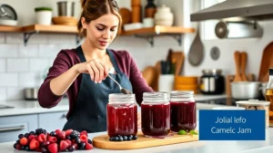 Professional woman in casual kitchen preparing homemade jam in glass jars with fresh berries on counter, bright natural lighting, clean organized workspace, no text or signage visible
