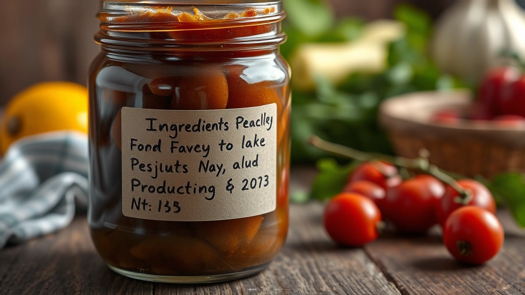 Close-up of properly labeled food product jar with handwritten label showing ingredients and production date, sitting on rustic wooden table with fresh ingredients blurred in background